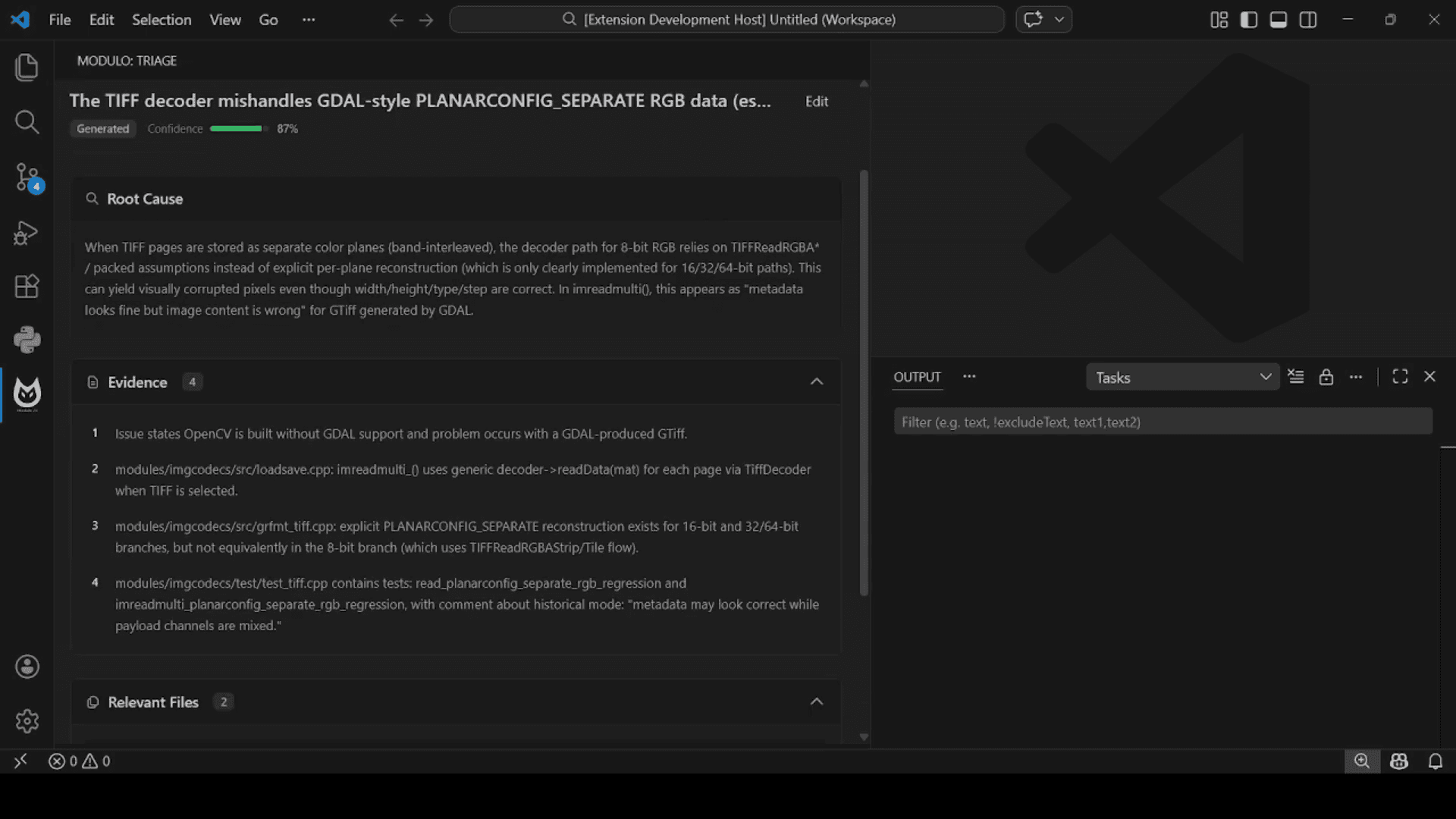 FixBugs for VS Code hypothesis detail screen with cited context.